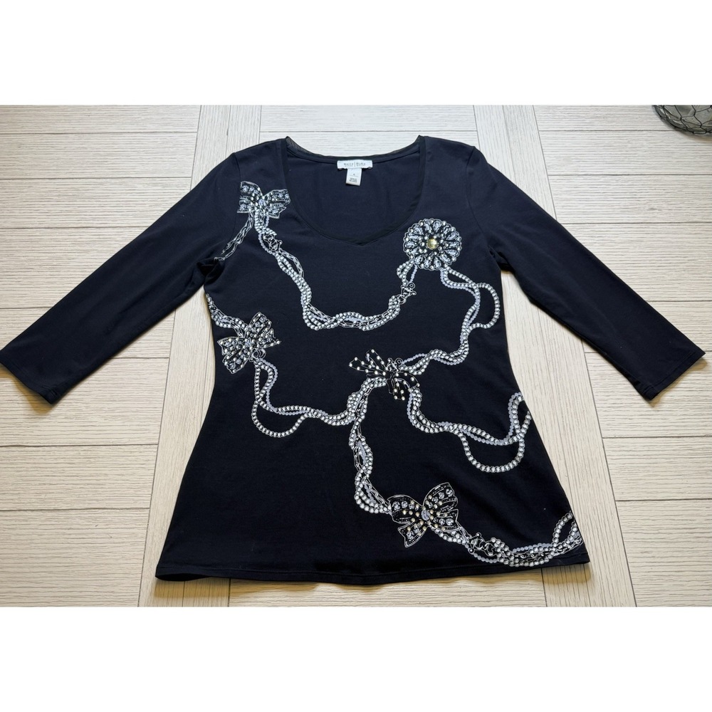 White House Black Market Sz S Black Embellished 3/4 Sleeve Top Blouse. Boho Glam
